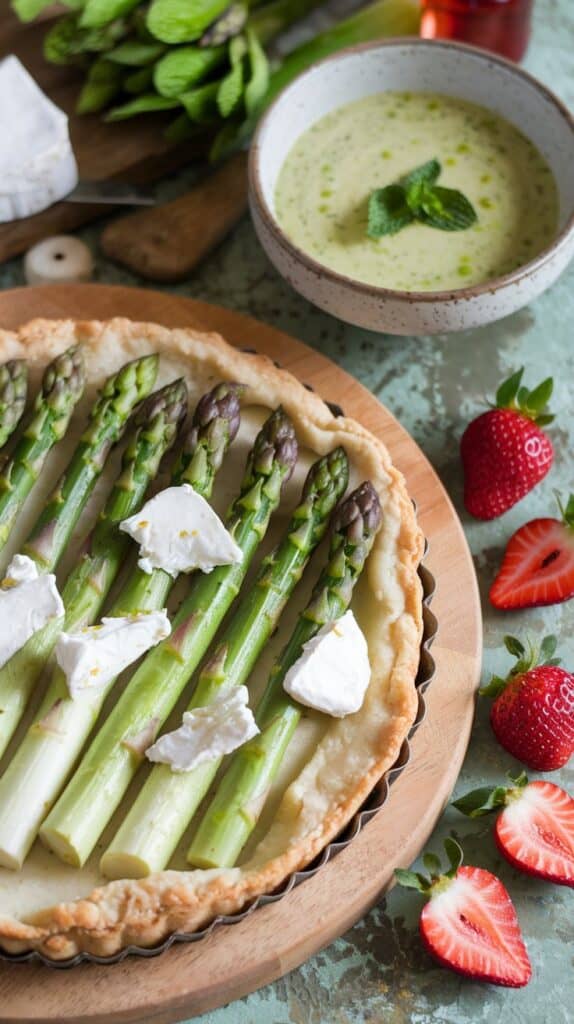 A spring-inspired asparagus and goat cheese tart with a side of freshly sliced strawberries drizzled with honey. Pair it with a light pea and mint soup.