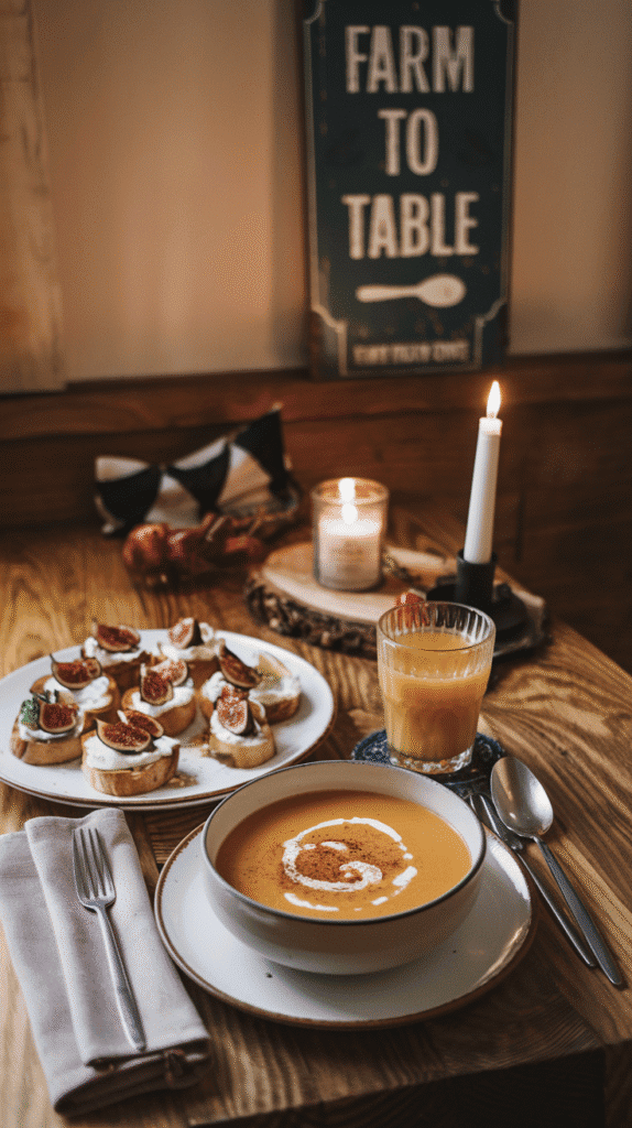  A cozy fig, goat cheese crostini, and a warm butternut squash soup. Enjoy with a glass of spiced apple cider.