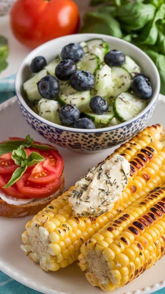 Grilled corn on the cob slathered with herbed butter, served with chilled cucumber and blueberry salad. Add a tomato and basil bruschetta for a burst of summer flavor.