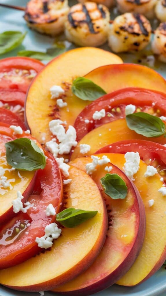 A juicy peach and tomato caprese salad drizzled with olive oil and sprinkled with fresh basil. Pair it with grilled shrimp skewers for a light yet satisfying summer meal.