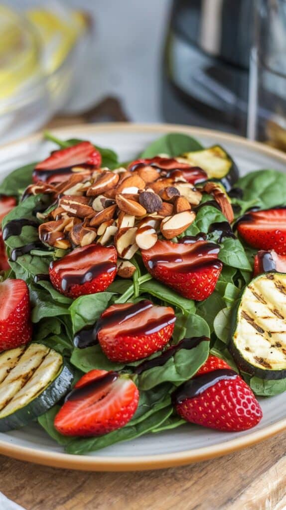 A vibrant spinach and strawberry salad topped with toasted almonds and a drizzle of balsamic glaze. Serve with grilled zucchini ribbons for a fresh, healthy meal.