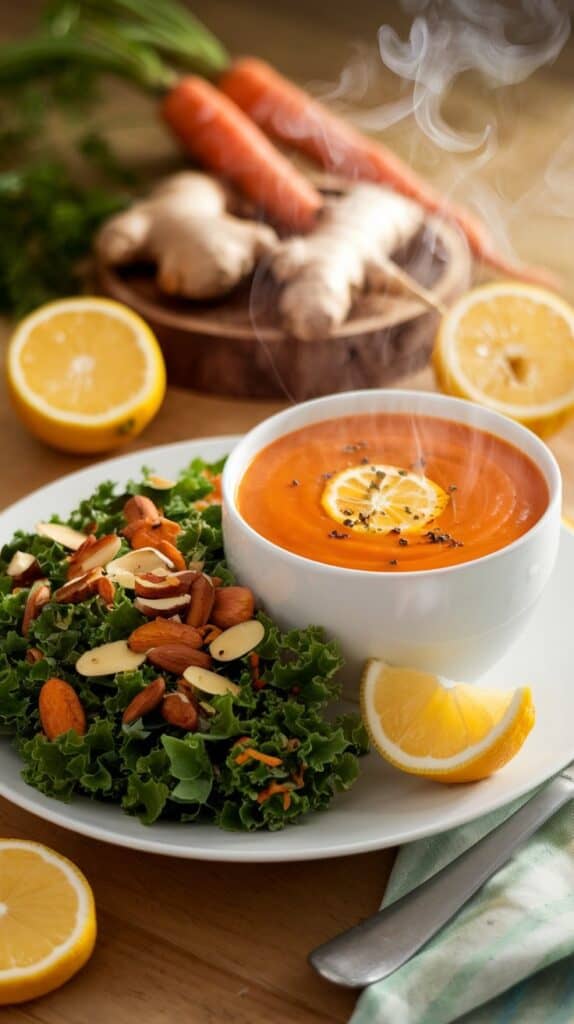 A steaming bowl of roasted carrot and ginger soup, brightened with a squeeze of fresh lemon, perfect for chilly winter nights. Pair it with a kale and citrus salad for a balanced meal.