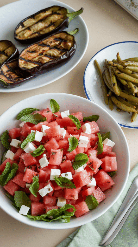 A chilled watermelon and mint salad with feta cheese paired with smoky grilled eggplant. Serve with a side of green bean almondine.