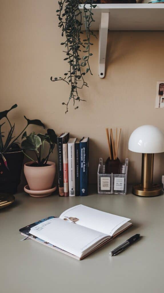 A cozy desk with an open notebook, pen, potted plants, books, and a modern lamp. A shelf above holds a vine, creating a calm workspace vibe.