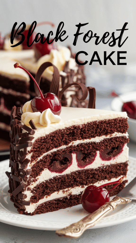 A slice of Black Forest cake on a white plate, layered with cream and cherries, topped with whipped cream, a cherry, and chocolate curls.