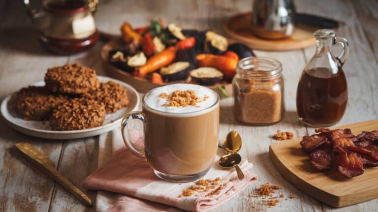 Brown sugar in everything: a coffee cup with coffee, bacon and other food.