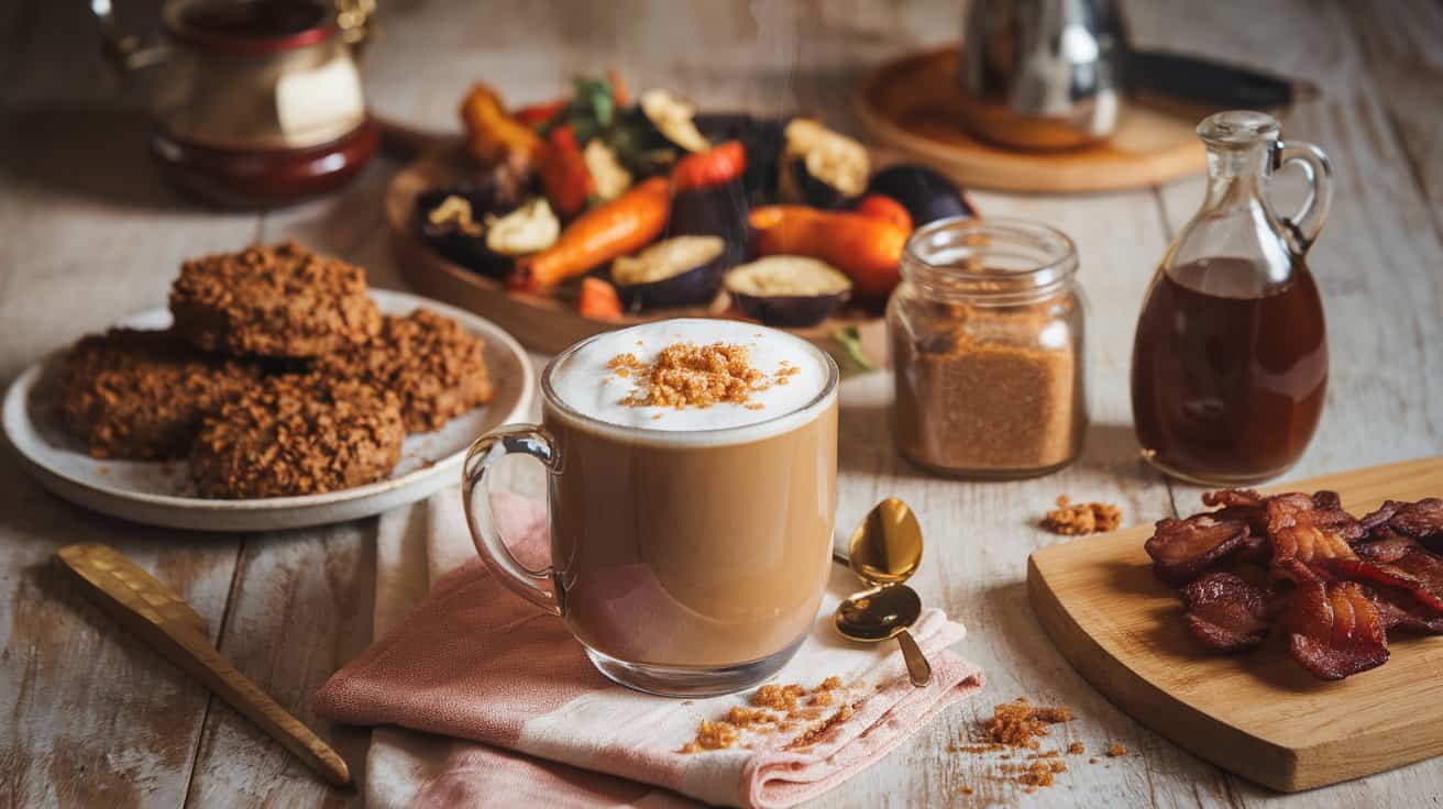 Brown sugar in everything: a coffee cup with coffee, bacon and other food.