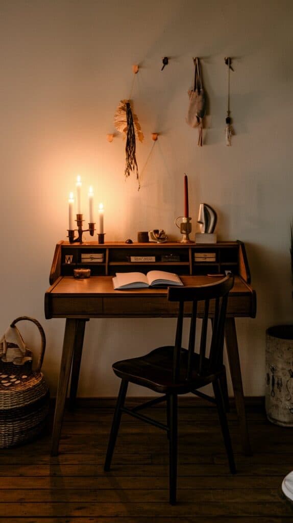 Cozy vintage desk with lit candles, open book, and a chair in dim light. Wall decor includes hanging herbs, creating a warm, inviting atmosphere.