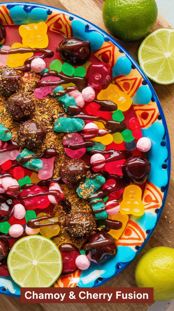 A colorful plate filled with assorted gummy candies drizzled with chamoy and sprinkled with chili powder. Fresh lime halves add a zesty touch.