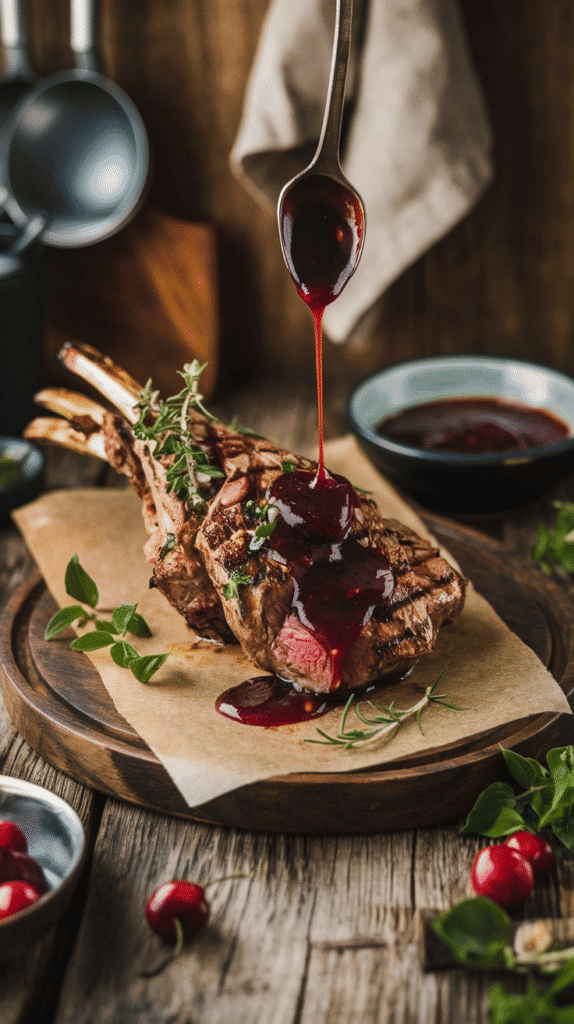 Grilled lamb rack on parchment, garnished with herbs, is drizzled with glossy red sauce from a spoon, surrounded by fresh cherries. Rustic ambiance.