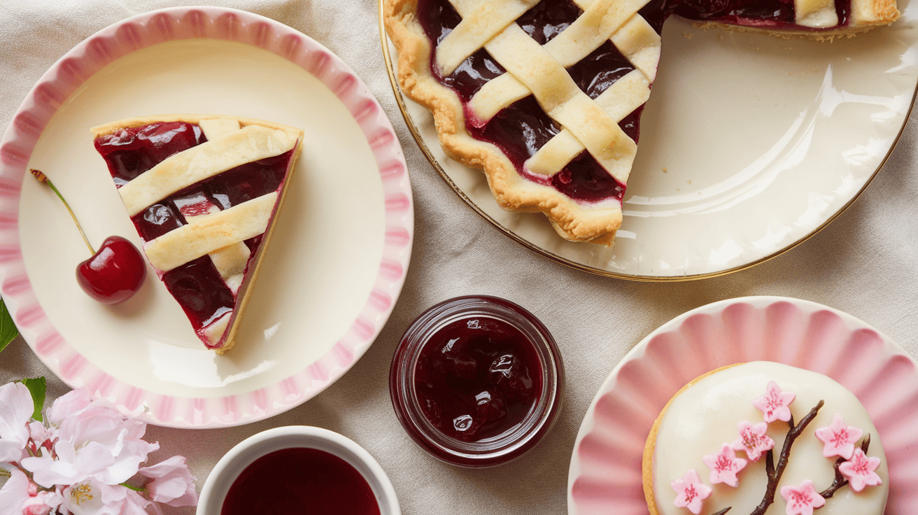 A cherry pie slice with lattice crust on a white plate, surrounded by cherry, jam, and a flower-decorated pastry, conveying a delightful, cozy vibe.