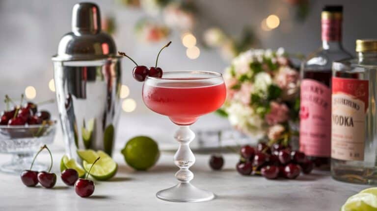A vibrant cherry cocktail in a coupe glass garnished with cherries, surrounded by a shaker, lime slices, and bottles, against a soft, festive background.