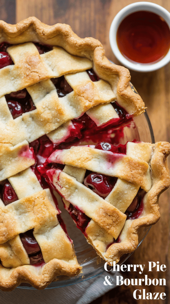 A close-up of a golden-brown lattice cherry pie with a rich red filling, accompanied by a small white cup of bourbon glaze on a wooden table.