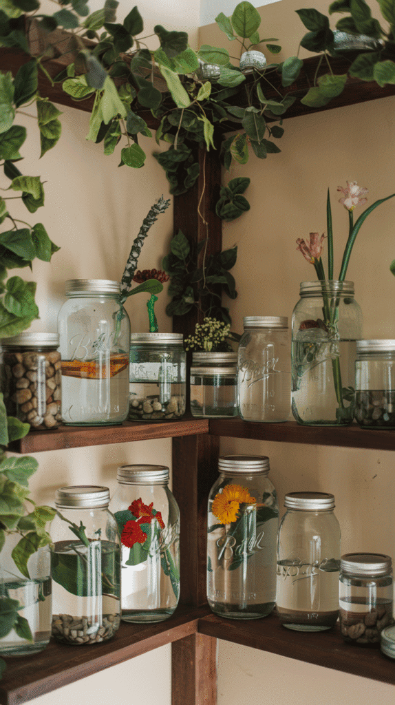 Corner shelves display various Mason jars filled with water, colorful flowers, and pebbles. Lush green vines frame the scene, creating a tranquil atmosphere.