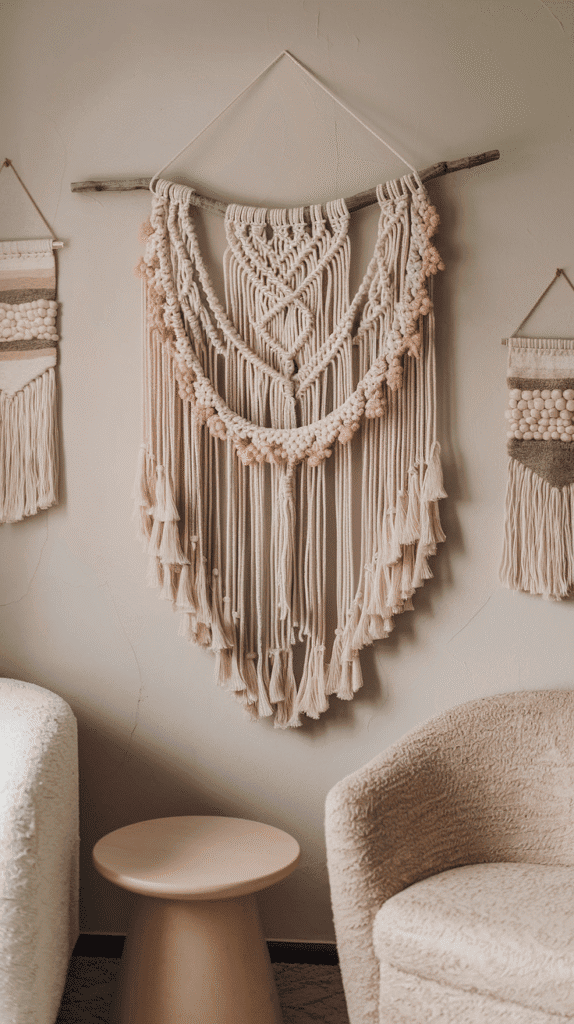 A delicate macrame wall hanging swaying gently on a neutral-toned wall. Its intricate knots add texture and a touch of earthy charm to a cozy reading nook.