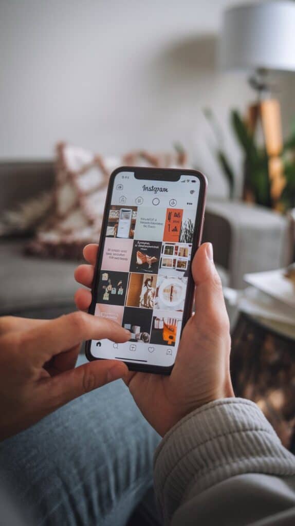 A person is scrolling through Instagram on a smartphone in a cozy living room. The screen displays a grid of colorful posts. Relaxed, modern atmosphere.
