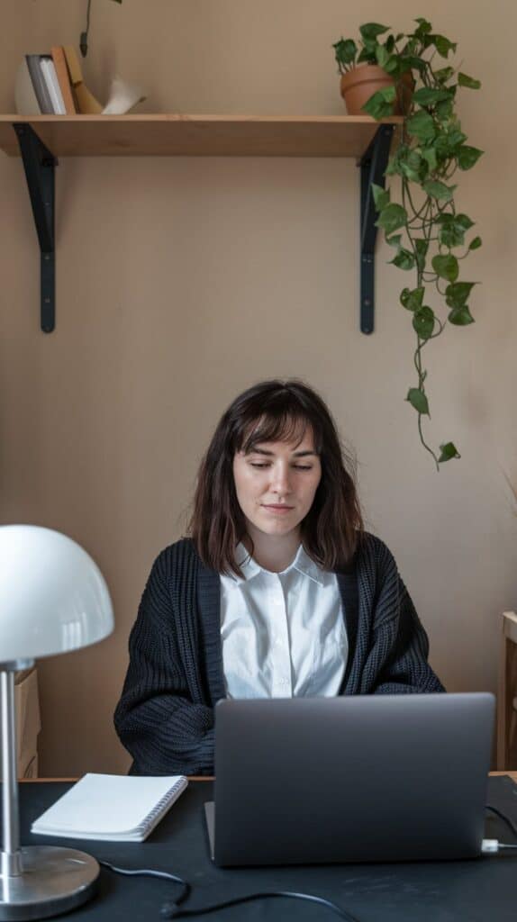 A woman working at a desk with a laptop, white lamp, and notebook. She looks focused. A shelf with books and a trailing plant is in the background.