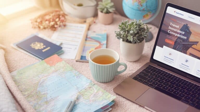 Cozy scene with travel planning items: a laptop displaying "Travel Insurance Comparison," a map, a passport, a teacup, and a globe on a soft surface.