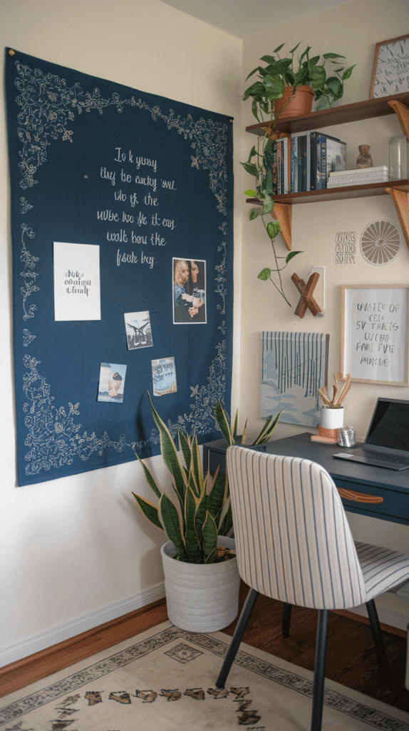 A cozy home office corner with a beautifully covered fabric bulletin board displaying inspiring quotes and photos. It adds both function and style to the room.
