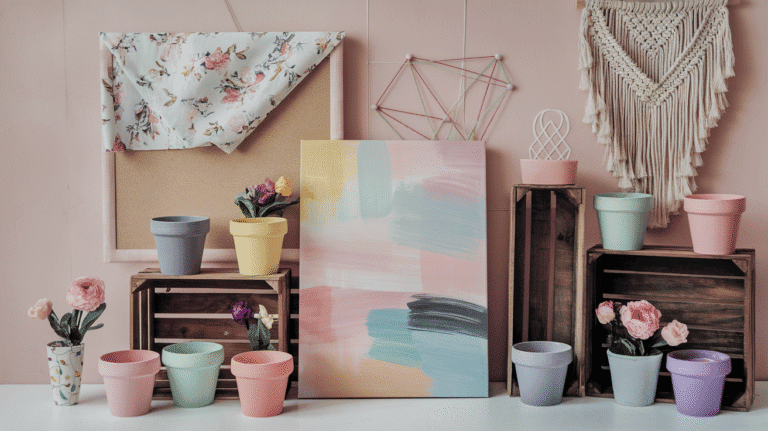 Friendly DIY Home Decor: Decorative scene with pastel flower pots, floral fabric, abstract painting, and macramé on a pink wall. Soft colors convey a gentle, creative vibe.