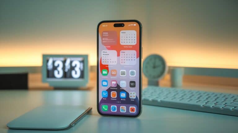 An iphone sitting on a desk with a keyboard and mouse.