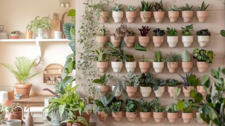Wall-mounted garden with terracotta pots holding diverse green plants arranged neatly. Bright, cozy room with shelves and more potted plants. Calm, natural vibe.