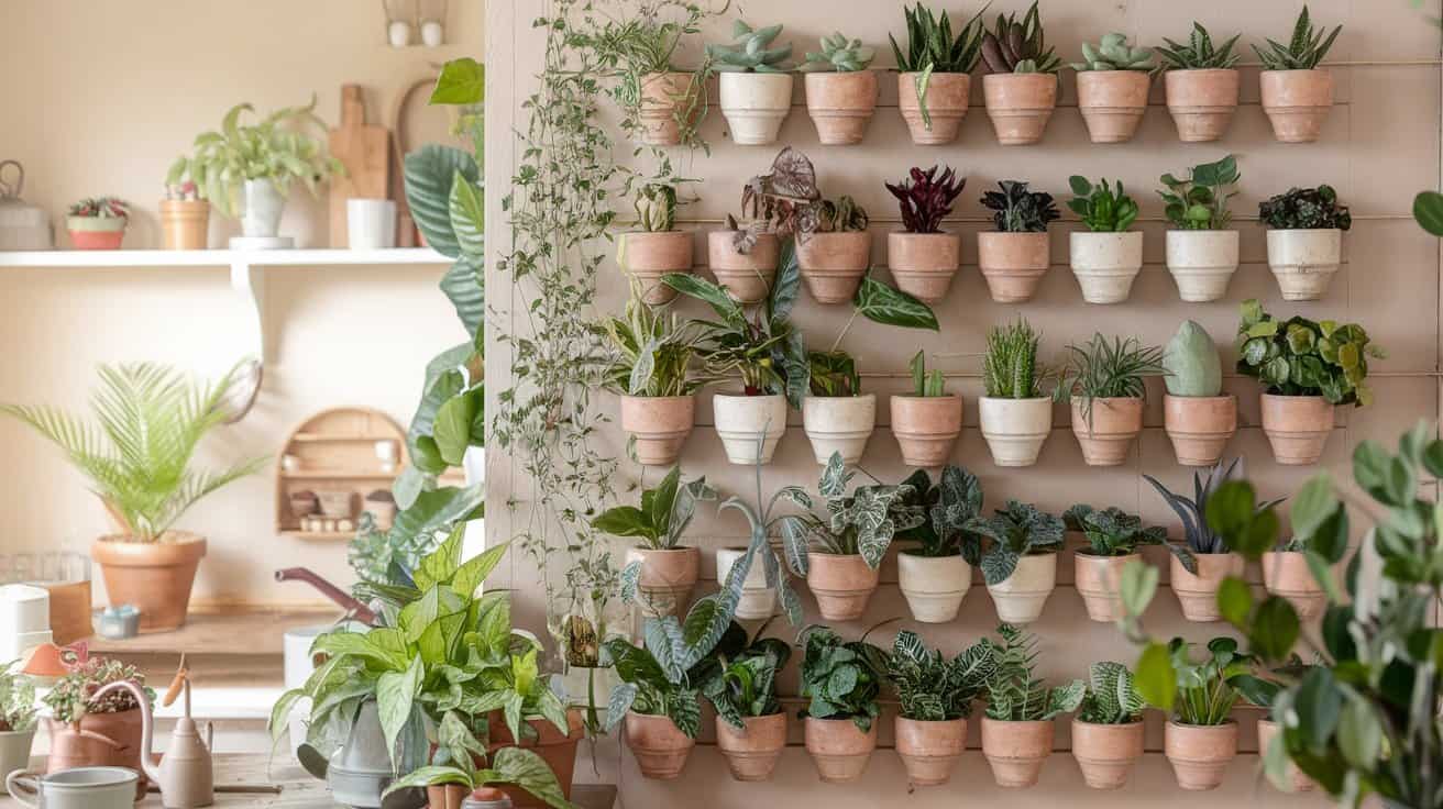 Wall-mounted garden with terracotta pots holding diverse green plants arranged neatly. Bright, cozy room with shelves and more potted plants. Calm, natural vibe.