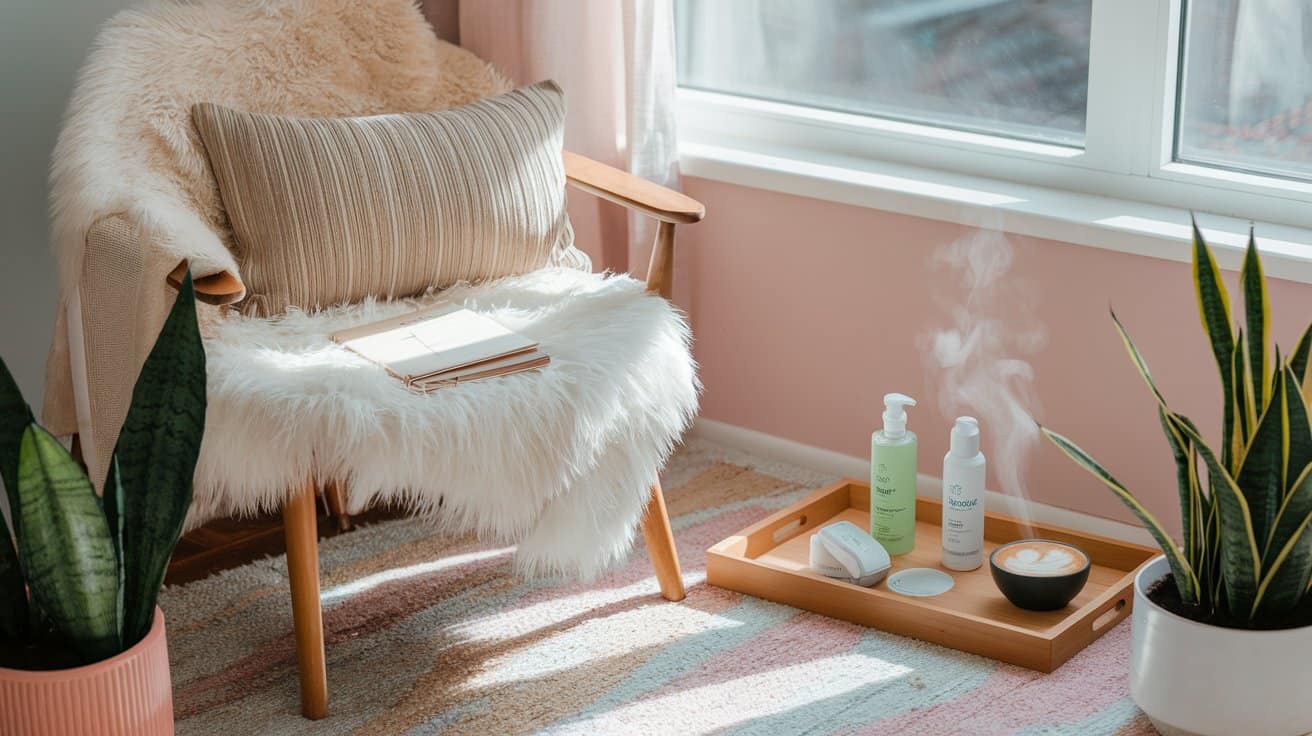 Cozy corner with a fluffy chair and striped pillow, sunlit soft rug, and a wooden tray with skincare bottles, a steamy cup, and green potted plants. Relaxing ambiance.