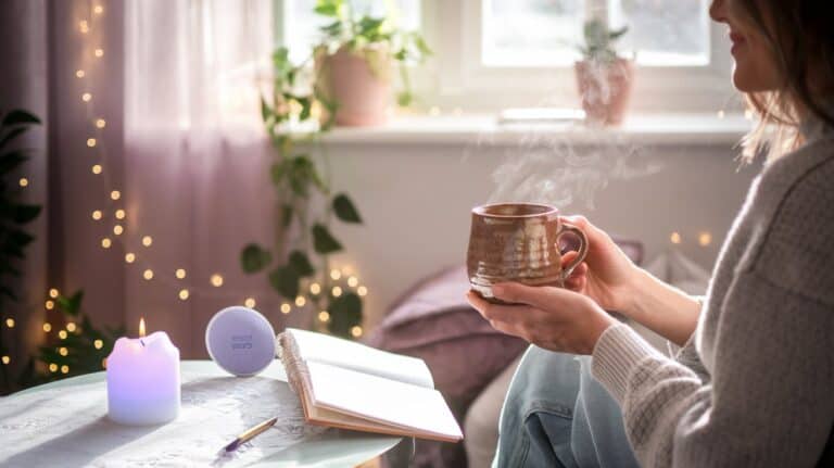 A person holds a steaming mug near a table with a lit candle, an open notebook, and a pen. Indoor plants and string lights decorate the background.