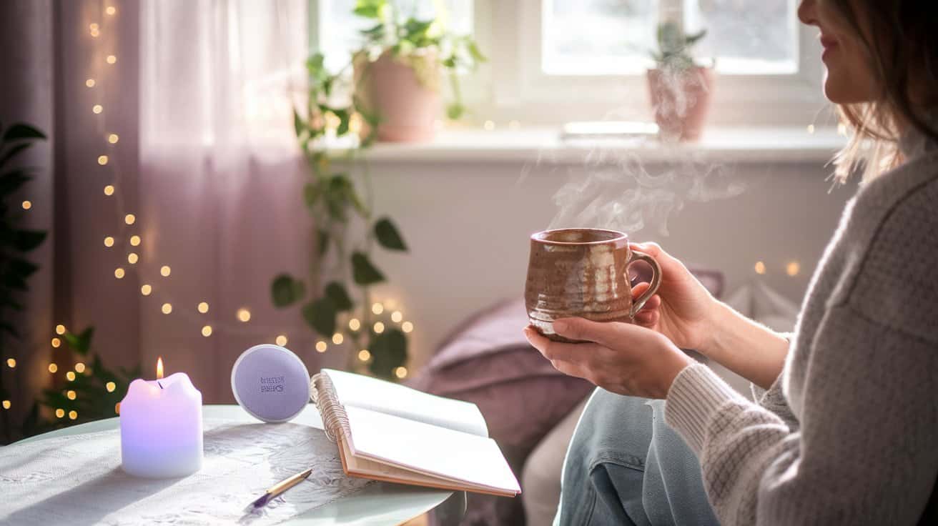 A person holds a steaming mug near a table with a lit candle, an open notebook, and a pen. Indoor plants and string lights decorate the background.