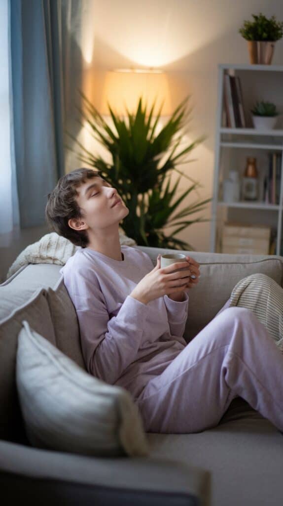 A person in soft pajamas relaxes on a couch, eyes closed, holding a mug. Soft lighting and a cozy plant create a serene, peaceful tone.
