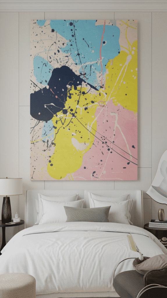 A large, vibrant canvas with abstract splashes of blue, yellow, and pink. It hangs on the wall above a white bed with soft bedding, bringing color and creativity into the room.