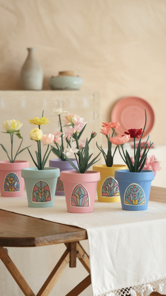 Brightly painted flower pots in soft pastels arranged on a wooden table. Each one features geometric designs or a whimsical floral pattern, creating a cheerful, welcoming vibe.