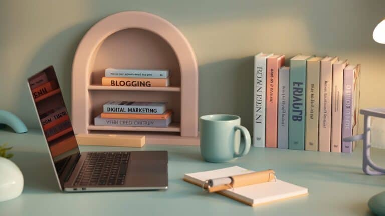 A cozy workspace features a laptop, notepad, and pen on a pastel green desk. Books with neutral covers are neatly arranged on a small, arch-shaped shelf and lined up on the desk, creating an organized and calm atmosphere. A teal mug and a soft lamp add warmth to the scene.