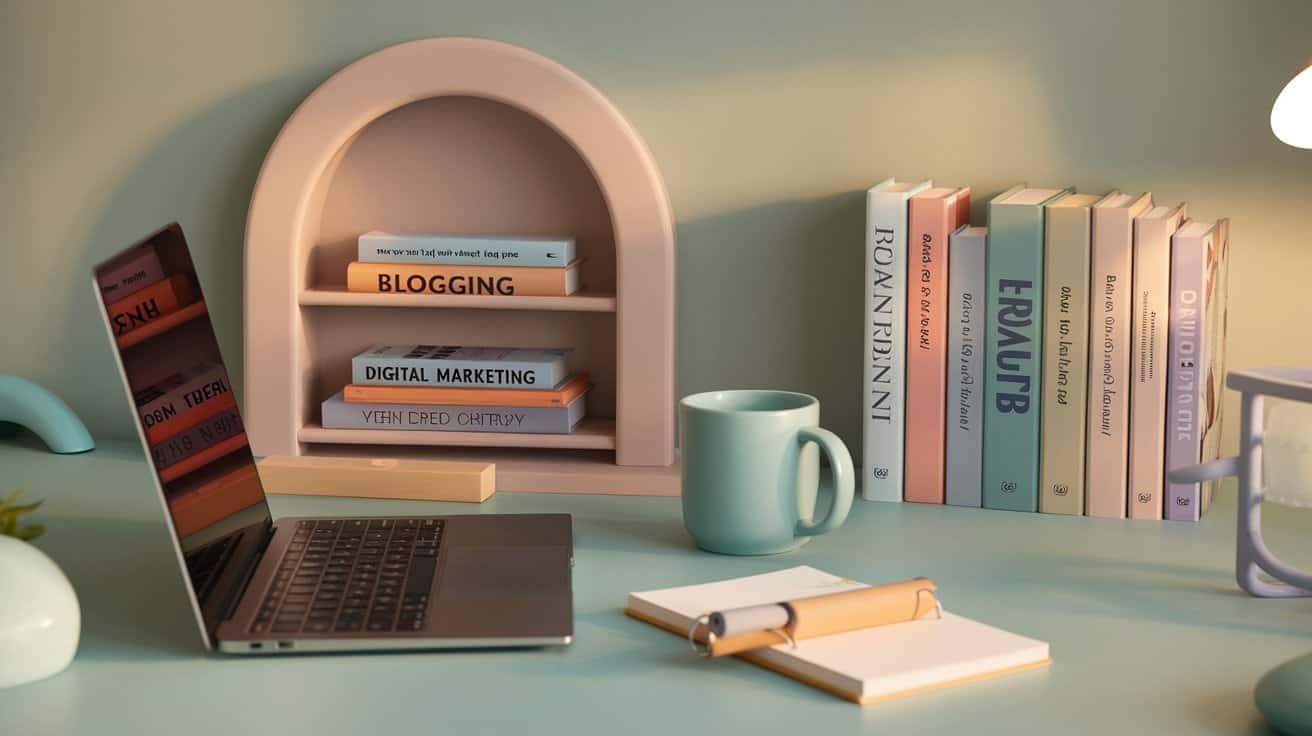 A cozy workspace features a laptop, notepad, and pen on a pastel green desk. Books with neutral covers are neatly arranged on a small, arch-shaped shelf and lined up on the desk, creating an organized and calm atmosphere. A teal mug and a soft lamp add warmth to the scene.