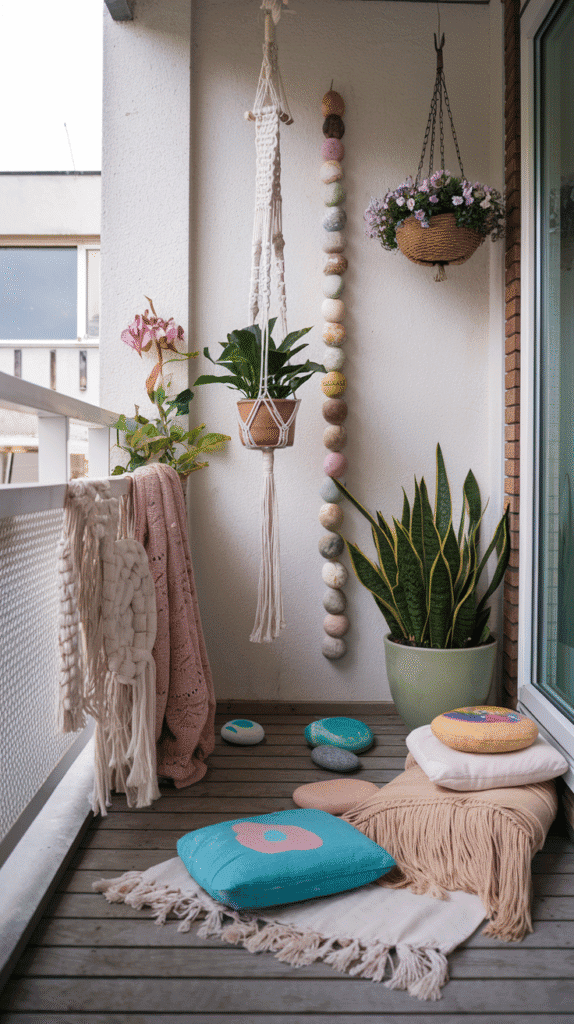Cozy balcony with potted plants, macramé hangings, and colorful cushions on a wooden floor. A peaceful and inviting outdoor space.