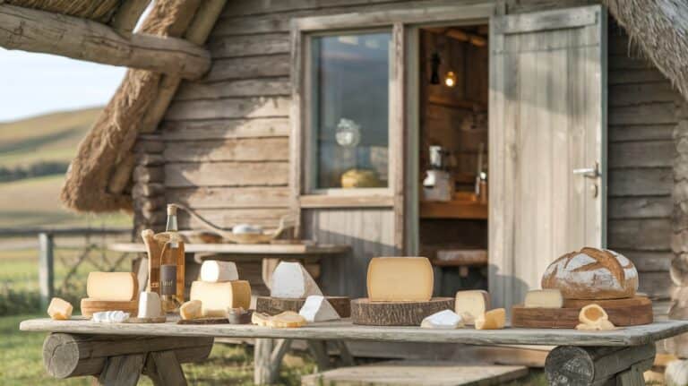 Rustic wooden cabin scene with various cheeses, bread, and wine bottle on an outdoor table. Warm sunlight and rolling hills create a cozy, inviting mood.