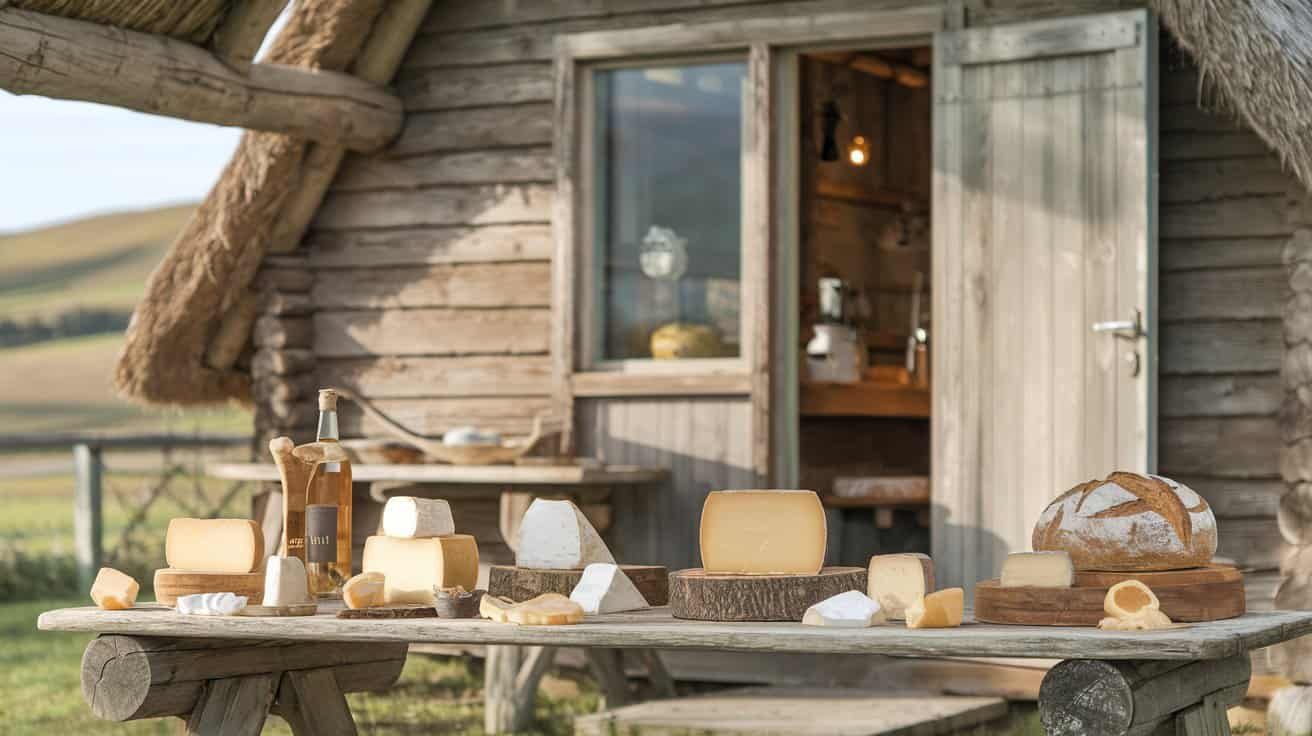 Rustic wooden cabin scene with various cheeses, bread, and wine bottle on an outdoor table. Warm sunlight and rolling hills create a cozy, inviting mood.