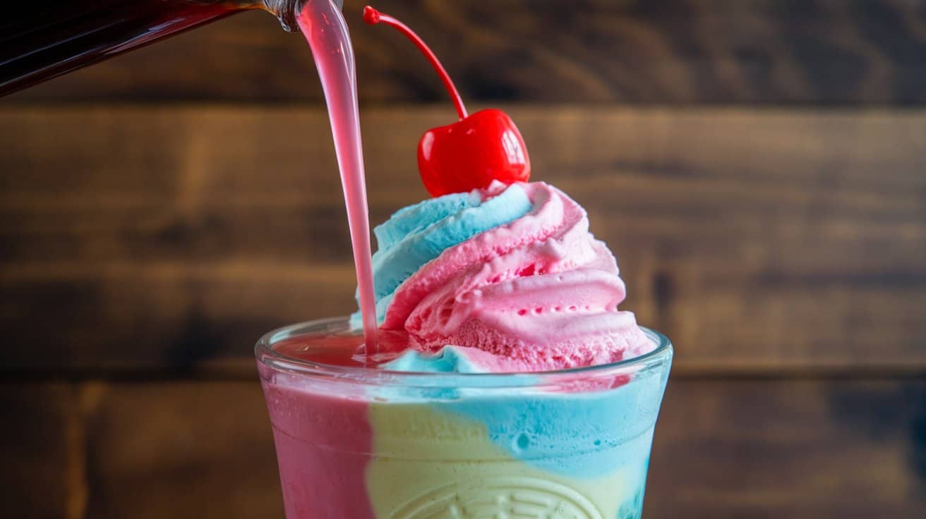 A glass of layered pink, blue, and yellow ice cream topped with whipped cream and a cherry, with pink syrup being poured over it.