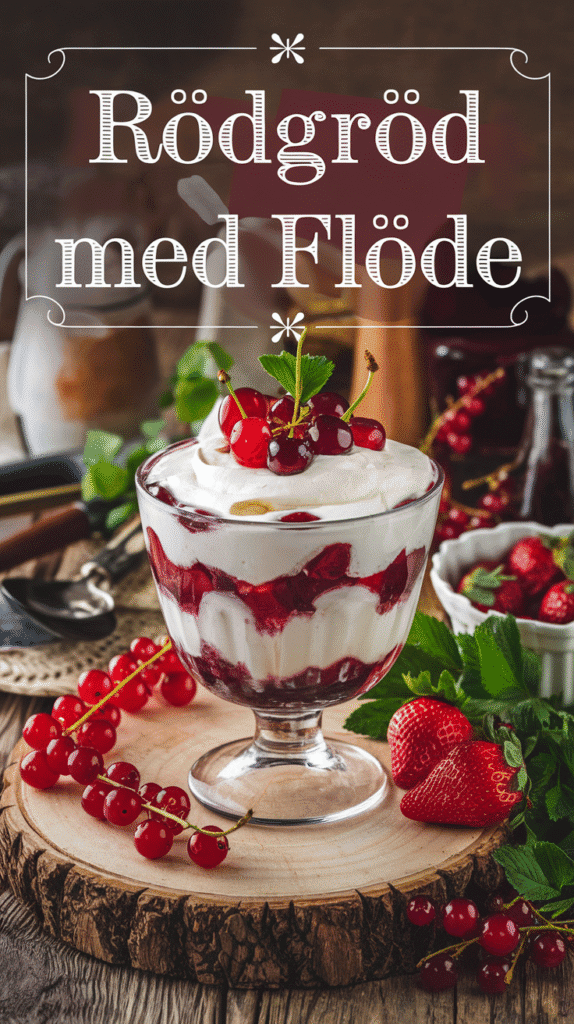 A dessert glass filled with layered red berry sauce and cream, topped with fresh red currants and a mint leaf, set on a rustic wood slice with berries scattered around.