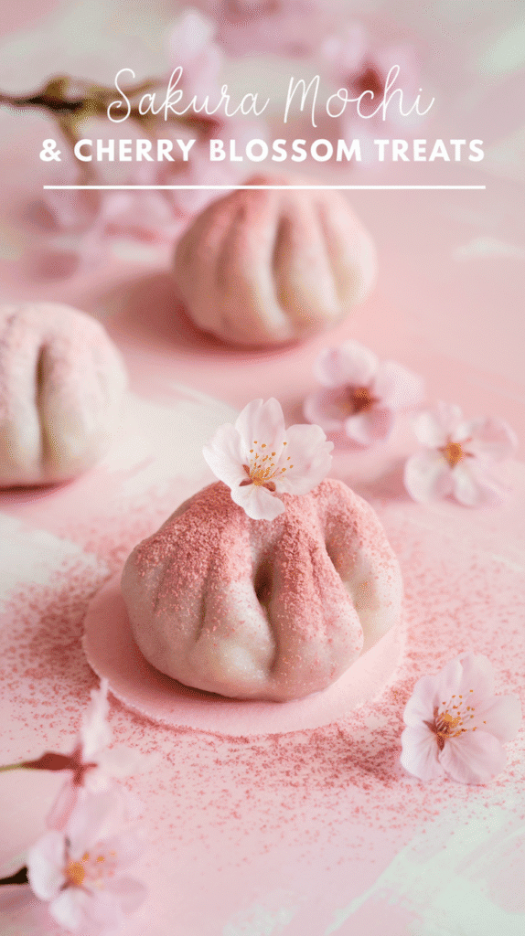 Delicate pink Sakura mochi on a pastel background, sprinkled with pink powder. Cherry blossoms add a gentle, spring-like touch.