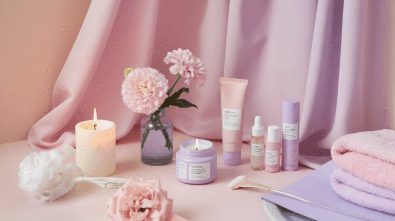 A serene spa scene with pink skincare products, two lit candles, and pastel towels. Pink carnations and soft drapes create a calming ambiance.