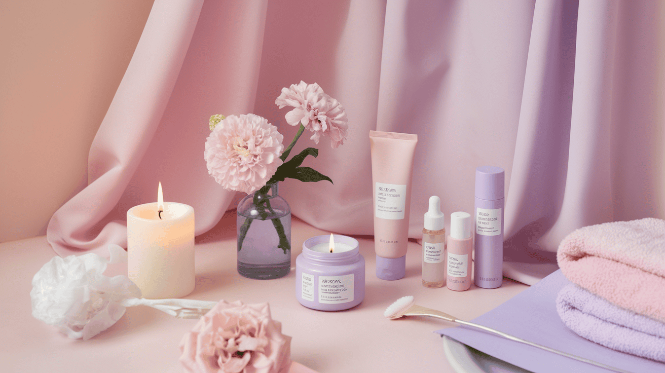A serene spa scene with pink skincare products, two lit candles, and pastel towels. Pink carnations and soft drapes create a calming ambiance.