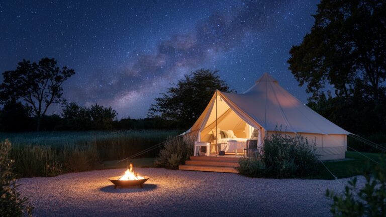 A serene campsite featuring a tent and fire pit, under a dazzling display of stars in the night sky.