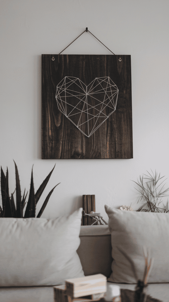 A geometric heart in crisp white thread on a dark wood board. It hangs above a minimalist couch in a living room, offering an elegant yet crafty look.