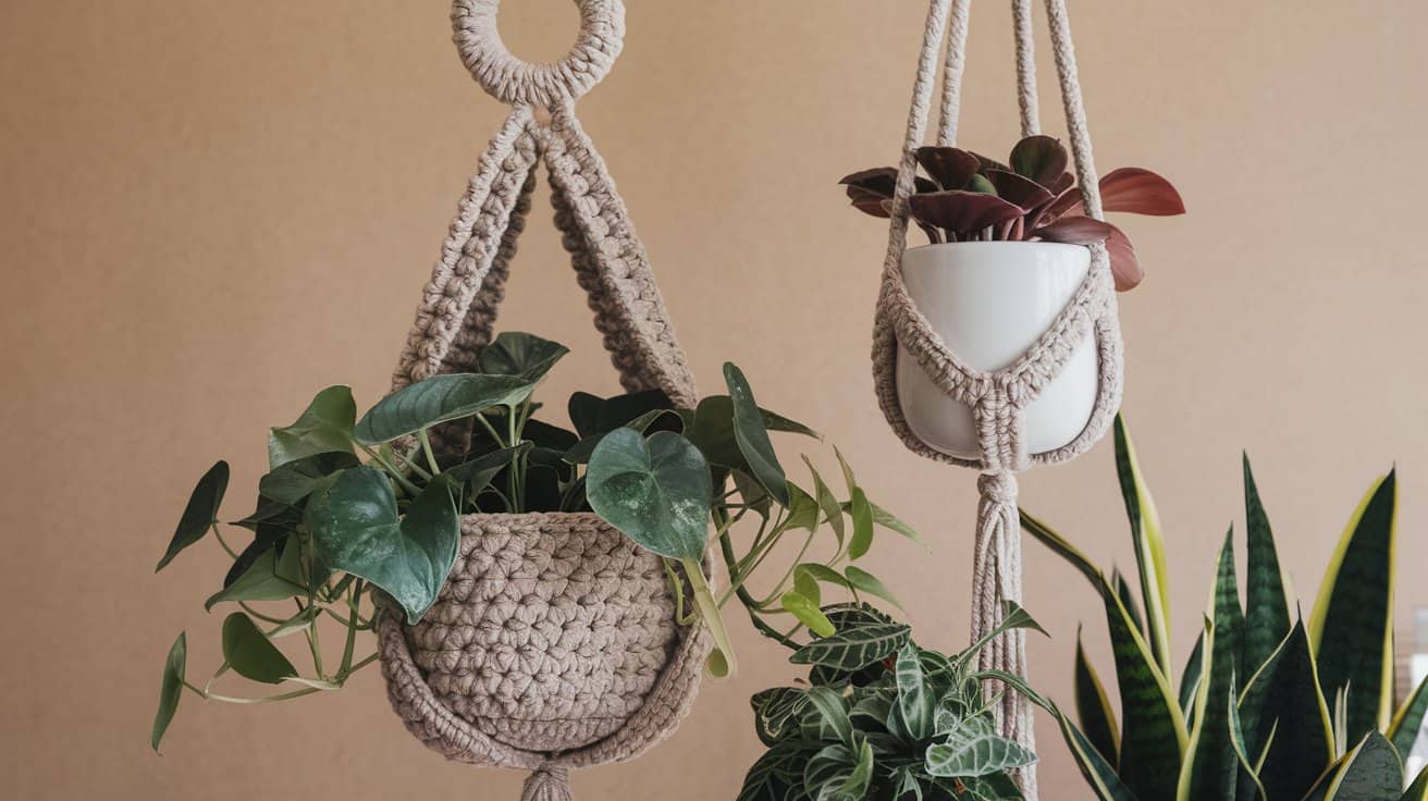 Two potted plants in macramé hangers, with additional plants below, against a beige background.