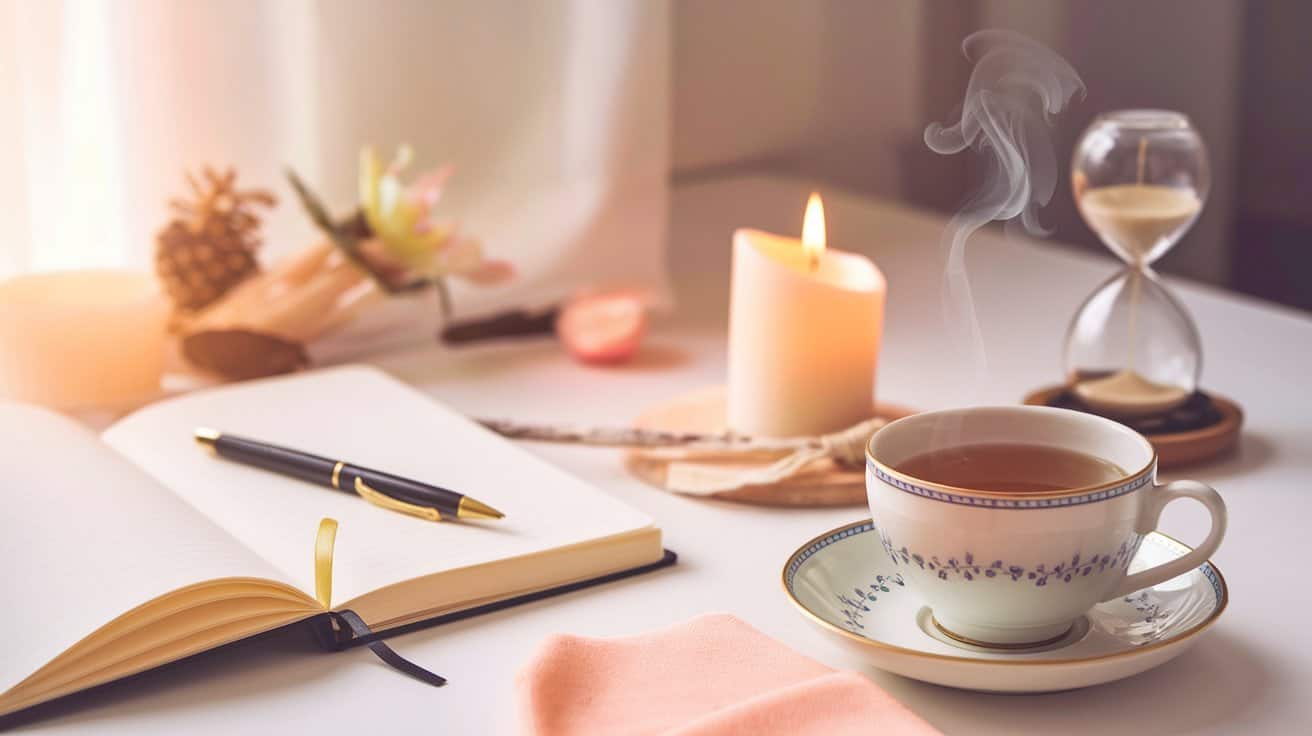 A cup of tea and a notebook on a table with a candle.