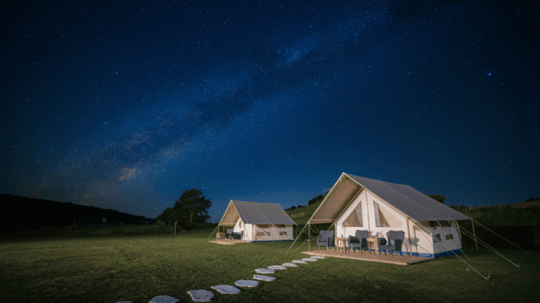 Two illuminated tents sit on a grassy field under a starry sky, with the Milky Way visible above, creating a serene and peaceful camping scene.