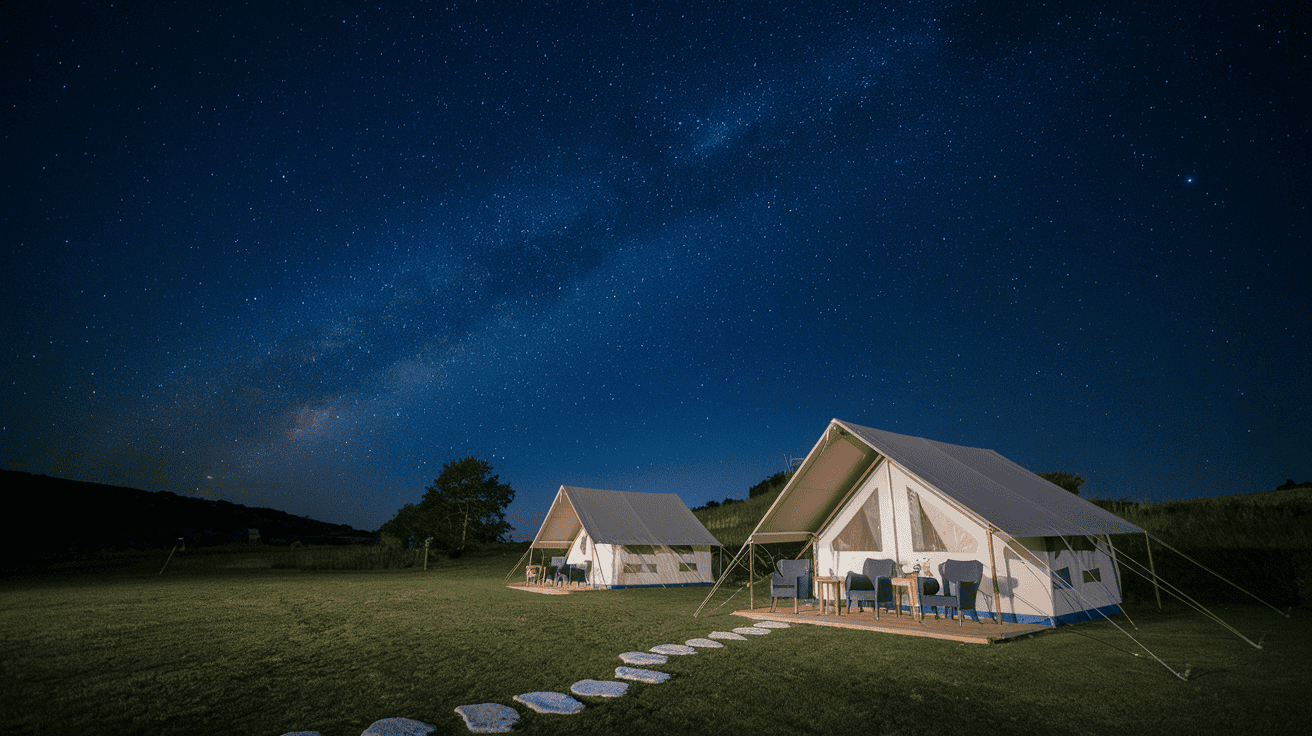 Two illuminated tents sit on a grassy field under a starry sky, with the Milky Way visible above, creating a serene and peaceful camping scene.