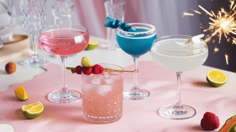 Top 5 Patriotic Cocktails: different cocktails on a table with a sparkler.